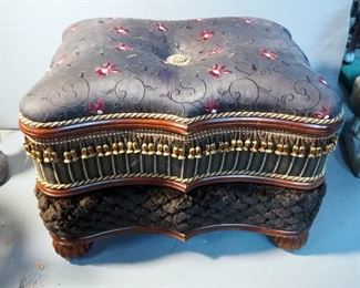 Bombay Co. Wood And Upholstered Tufted Foot Stool With Faux Fur And Tassels, 18" x 23" x 17"