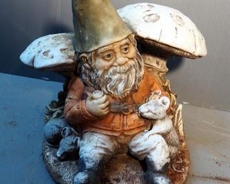 Concrete Gnome And Mushroom Painted Garden Statue, 13.5" Tall, Very Heavy