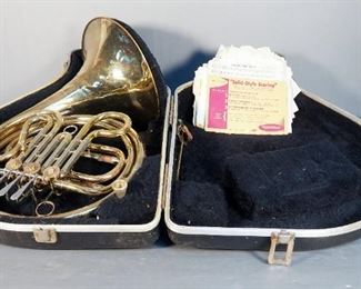 Vintage Brass French Horn Including Carrying Case And Sheet Music