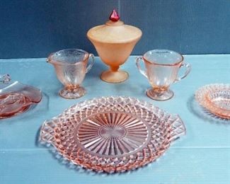 Pink Pressed Glass Serving Dishes Including Creamer And Sugar, 10" Cake Plate And Candy Dishes, Total Qty 6