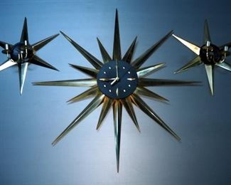 F.G. Ellerman Mid Century Modern Star Burst Wall Clock, 34" Diameter, Includes Matching Candle Sconces, Qty 2
