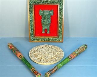 Vintage Mayan Crushed Malachite Sculpture In wood Frame, 15.5" x 12.5",11" Mayan Calendar And Painted Bats From Mexico