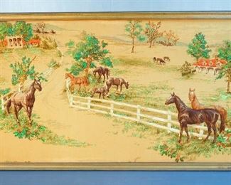 Quilted And Framed Horse Ranch Wall Hanging, 24" x 48"