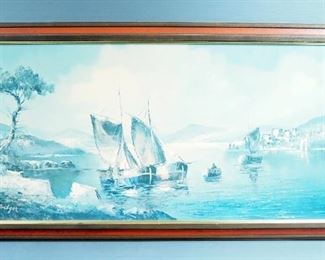 Vintage Framed Fisherman's Bay Print Signed By Rodger, 27" x 51"