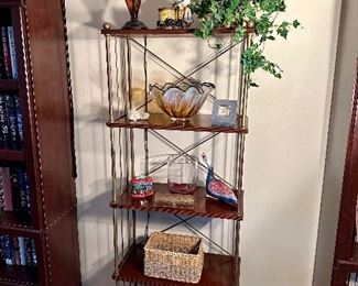 Wood and metal open bookshelf or display shelf.