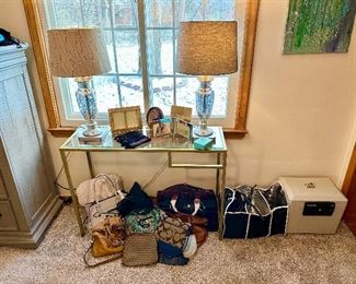 Handbags, frames and 2 beautiful mercury glass looking lamps.
