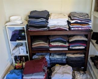 Men's T's, Pullovers, Levi Jeans (Over 10 pair, many brand new, Size 31W 32L), Cashmere and Wool Sweaters, Designer Men's Dress Shirts (many, excellent condition)