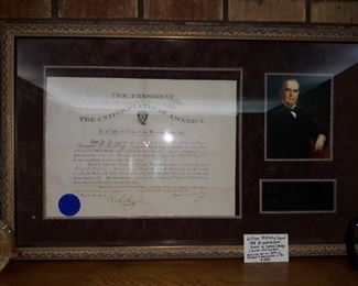 Signed Brigade Surgeon award to Samuel Kelley signed by President McKinley in 1898 with presidential portrait.