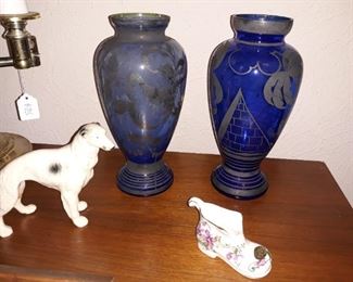 Antique silver overlay cobalt blue vases