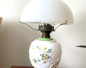 Antique Hand Painted Milk Glass Oil Lamp