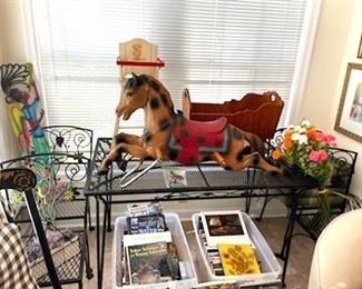 Vintage Rocking Horse; Wrought Iron Table & 4 Chairs