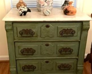 Antique Green Painted Marble Top Chest