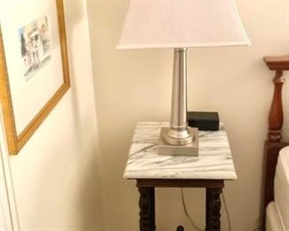 Marble Top Side Table; Pair Lamps