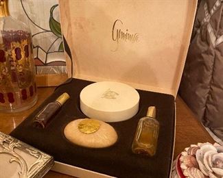 Mint in box powder/perfume set vintage with assorted other vintage goodies nearby