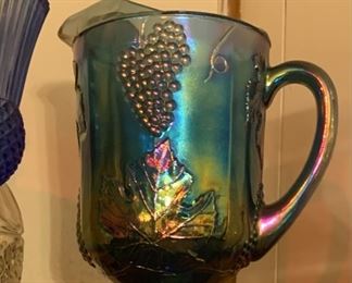 Indian Glass Pedestal pitcher. Grape design. Irredentist Blue Carnival Glass 