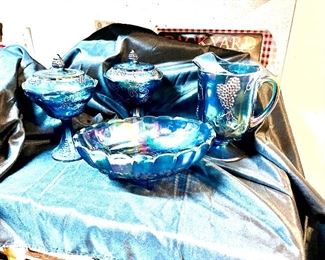 Indian Glass. Large Oval bowl with legs. Grape design. Irredentist Blue Carnival Glass 