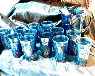 Indian Glass. Pitcher w/ glassware .  Grape design. Irredentist Blue Carnival Glass 