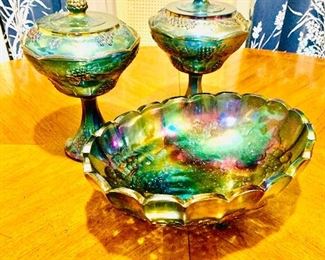Indian Glass. Large Oval bowl with legs. Grape design. Irredentist Blue Carnival Glass 