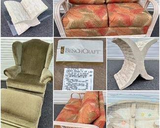 Benchcraft Chair with Ottoman, Large Stone coffee/end table with glass top, red/green leaf pattern loveseat