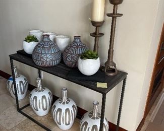 Console table with prettified wood top now 250 and vases now 25 - plain white pots are now 10 form West elm.