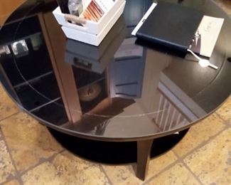Black glass and wood coffee table