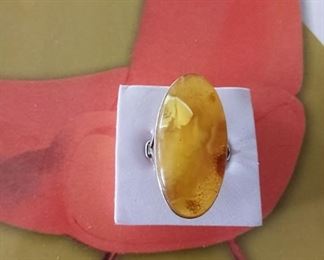 Amber and sterling ring