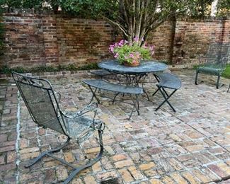 Salterini patio set (curved benches, outdoor dining table, 3 rockers, side table)