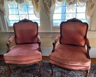 NEW to sale: pair fauteuils with raspberry velvet upholstery