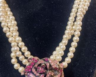 R001 Heidi Daus Rose Elegance Three Strand Faux Pearl Necklace With Crystal Rose