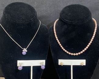 R014 Pink Pearl Necklace And Pearl Diamond Earrings