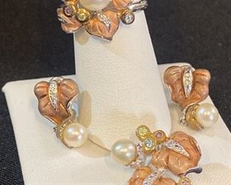R015 Ross Simons 925 Silver Pearl Flower Ring Pendant Earrings