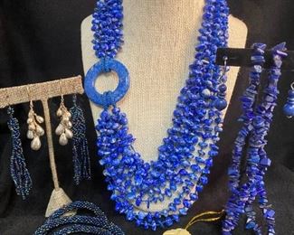 Sajen 925 Polished Lapis Strand Necklace Bracelet Earrings