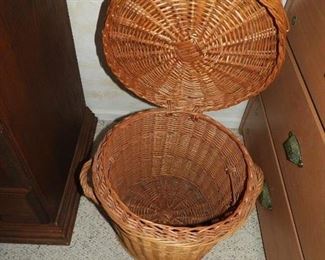 Several baskets, including this large one with hinged lid
