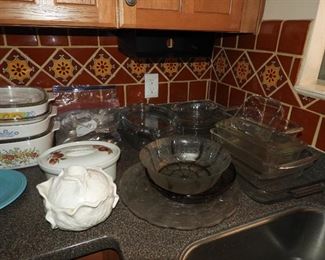 Covered Corning Ware casseroles.  More bakeware, and serving bowls 