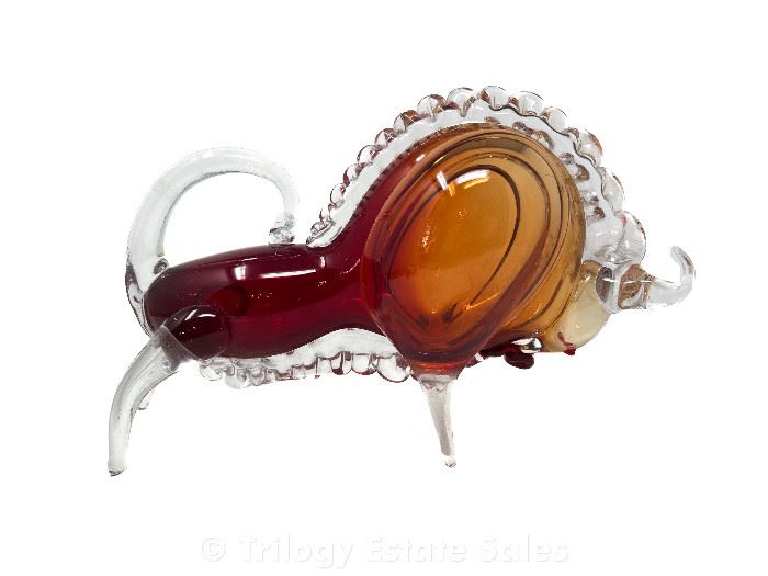 Vintage 1960s Russian Hemah Clear And Red Glass Bull Taurus