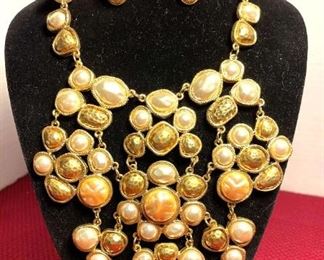 Chicos Bibbed Gold  Faux Pearl Necklace  Earrings