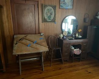 1930s vanity and dresser; 1950s drafting table and tools