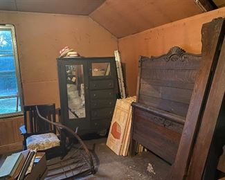 Oak beds, dresser, chairs, farming tools