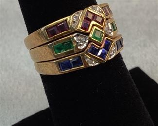 18K Gold Size 6 Stackable Sapphires, Rubies, Emeralds & Diamonds Ring 7g