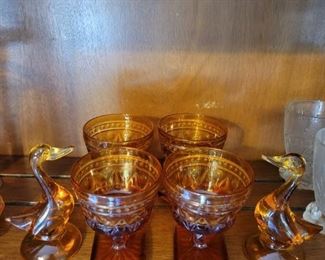 4 Amber Glass Desert Cups ,And 2 Amber Glass Ducks