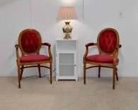 Medallion button back open arm chairs. 