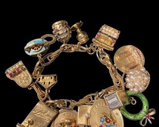 14K Gold Charm Bracelet w/ 14 Charms some w/ Pearls, Emerald, Sapphire, Ruby,
