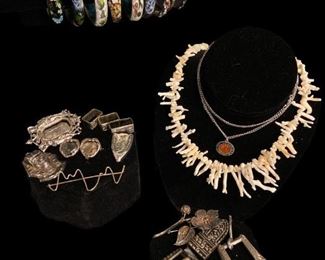 Collection Some Sterling Silver, Coral, Cloisonne Jewelry