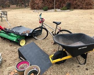 John Deere yard sweep, bike, bike ramp, wheel barrow 