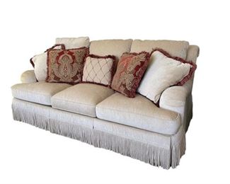 $750.00 USD    Sherill White Rolled Arm Fringed Bottom 3 Seater Couch KG136-11     Description:  3 cushion loose pillow back sofa with recessed arms in cream upholstery with fringe skirt.  Transitional styling to work with and design choice.
Condition: Very good condition
Dimensions: 49 x 86 x 36"H  Seat=19"  Arm = 24"
Local pick up Ashburn VA.  Contact us for shipper suggestions.     https://goodbyhello.com/products/sherill-white-rolled-arm-fringed-bottom-three-seater-couch-kg136-11?_pos=1&_sid=e06f3a337&_ss=r