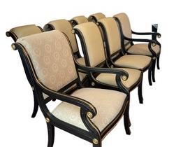 $2100 USD       Set of 8 Sarreid Wood / Upholstered Dining Chairs EB148-1      Description: Sarreid Ltd was founded in 1967 and offers its customers a line of furniture and accessories that are known for their distinctive, unique blend of old world tradition and today's designs. It brings you exceptional designs for the whole home.  2 complimentary patterned arm chairs and 6 side chairs

Condition: Very good

Dimensions: (arm chair) 26 x 24 x 40"H  Seat=20, (side chair) 22 x 23 x 40"

Local pick up Leesburg, VA.  Located on first floor.  Please contact us for shipper suggestions.       https://goodbyhello.com/products/set-of-8-cederci-dining-chairs-eb148-1?_pos=3&_sid=64e8d6428&_ss=r