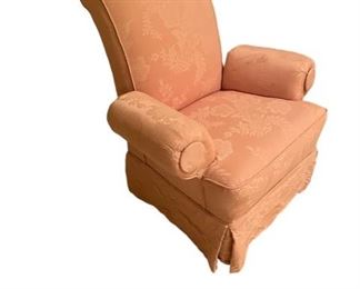 $30 USD    Pink Upholstered Club Chair CD131-40    Description: Brocade Upholstery lends a very elegant look to this cozy chair. 
Condition:  Good vintage condition with fading on the arms. 
Dimensions: 33 x 25 x 32 in
Local pick up Leesburg, VA.  Contact us for shipper suggestions.      https://goodbyhello.com/products/pink-upholstered-club-chair-cd131-40?_pos=3&_sid=27bc5f542&_ss=r