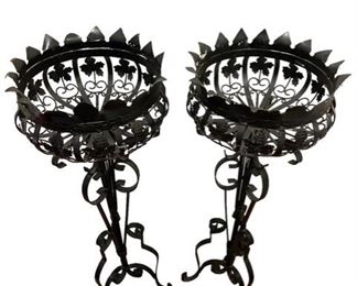 $400 USD     Pair of Large Wrought Iron Leaf Design Plant Flower Stands CD131-63    Description: Gorgeous pair of wrought iron jardinières or plant stands featuring a rich patinated metal finish. Covered with beautiful wrought iron leaves over a scrolled base with tripod legs.  Large 12 inch opening on top of planters
Condition: Excellent condition
Dimensions: 12 x 12 x 32"H
Local pick up Leesburg, VA.  Contact us for shipper suggestions.    https://goodbyhello.com/products/pair-of-wrought-iron-leaf-design-plant-flower-stands-cd131-63?_pos=28&_sid=27bc5f542&_ss=r