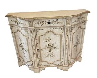 $310 USD     Hand Painted 3 Panel Demilune Half Round Hall Console Cabinet CD131-53    Description:  This elegant "demilune" or half round console cabinet has original hand painted classical floral motifs. 
We find no maker's or artist's signature. American made vintage furniture, the artistry is superb with exquisite detailing.
Condition: Very good vintage condition.
Dimensions: 41 x 12 x 32"H
Local pick up Leesburg, VA.  Contact us for shipper suggestions.     https://goodbyhello.com/products/hand-table-hall-table-cd131-53?_pos=30&_sid=27bc5f542&_ss=r   
