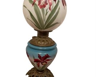 $430 USD     Vintage Victorian Iris Bulb Lamp CD131-32      Description: Gorgeous VICTORIAN IRIS in RARE COLORS ~ It is a very nice example of late 19th Century American oil lamps. This lamp is fully decorated on both sides as shown in the pictures and wired for convenience. Very fancy font ring and base. 
Condition: In very good vintage condition.
Dimensions: 6 x 6 x 21"H
Local pick up Leesburg, VA.  Contact us for shipper suggestions.      https://goodbyhello.com/products/iris-bulb-lamp-cd131-32?_pos=35&_sid=27bc5f542&_ss=r